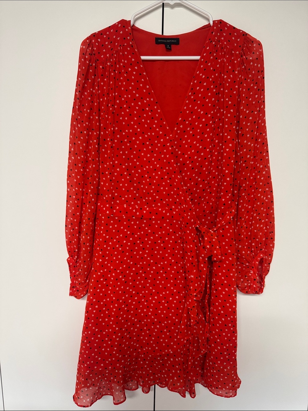Banana Republic Red Long-Sleeve Wrap Dress with Small Black and White Hearts